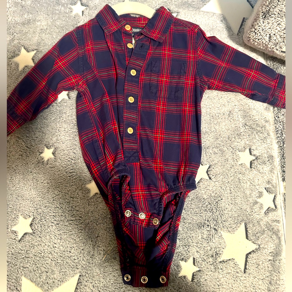 12 month Oshkosh plaid button up with snaps at the bottom